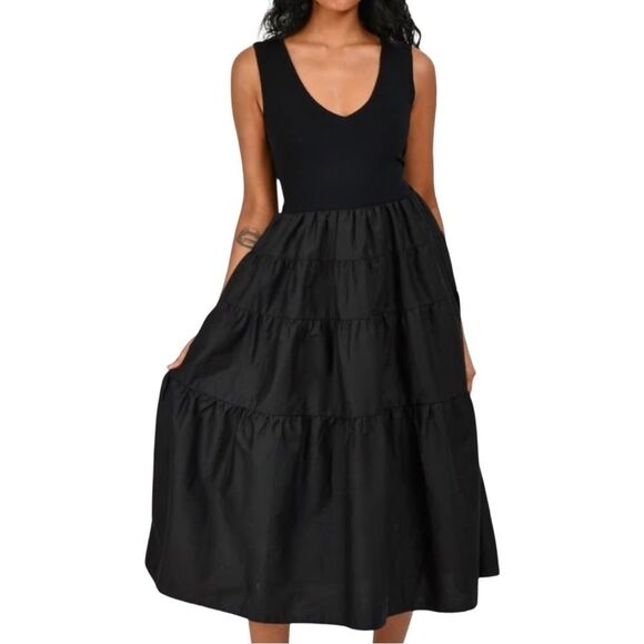Jason Wu NWT Black V-Neck‎ Bodice Tiered Prairie Midi Dress - Picture 5 of 16